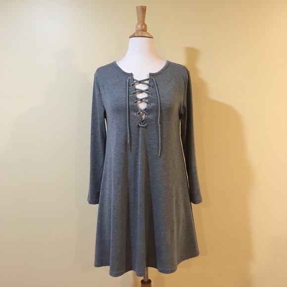 Lace Up V Neck Long Sleeve Swing Tunic Dress Grey - Picture 2 of 4